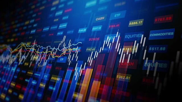 Financial market charts display background, Business financial investment charts display various commodities, equities, and indices with fluctuating values and digital data.