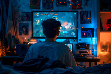 Fototapeta premium Teenage boy playing video games at night in his messy room. Rear view. Generative Ai.