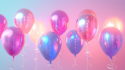 Pink and blue balloons hanging from a wall. The balloons are in different sizes and are arranged in a way that creates a sense of movement and depth. The colors of the balloons create a playful