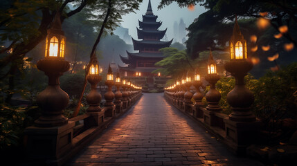 Naklejka premium Lantern-Lined Path to Buddhist Temple in Ethereal Atmosphere