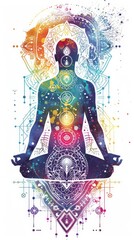 Obraz premium Chakra Balancing, Includes seven chakras, Biopunk, body energy balance, Sticker, Exhilarated, Tertiary Color, Geometric, Deviant Art, Contour, Vector, White Background, Detailed