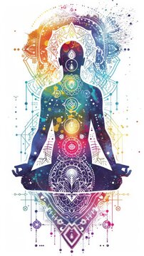 Chakra Balancing, Includes seven chakras, Biopunk, body energy balance, Sticker, Exhilarated, Tertiary Color, Geometric, Deviant Art, Contour, Vector, White Background, Detailed