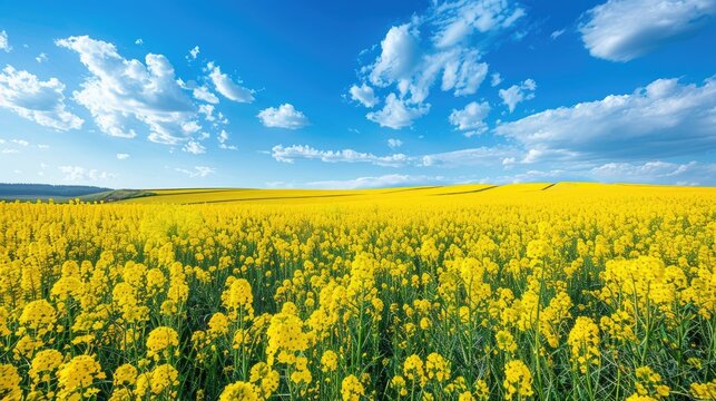A field of yellow flowers with a blue sky in the background