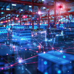 Obraz premium A holographic projection of a supply chain network diagram in a logistics center, business, dynamic and dramatic compositions, with copy space Generative AI