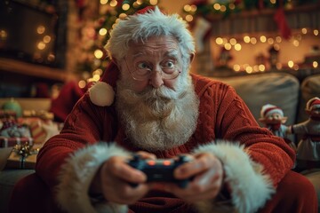 Santa Claus Playing Video Games with Elves in Cozy Living Room

