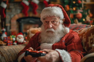 Santa Claus Playing Video Games with Elves in Cozy Living Room

