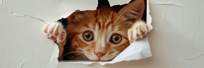 paper stuck to an office wall in front of a cat's face. The paper have been torn off from underneath