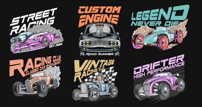 Retro racing car t shirt designs bundle, car vector set, Classic car illustration collection for print.