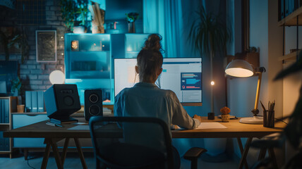 Fototapeta premium A Woman Working on Her PC in Modern Blue Themed Room