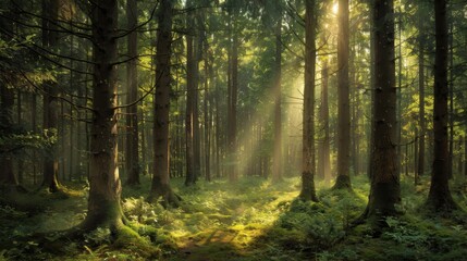 Sunlit Forest with Tall Trees