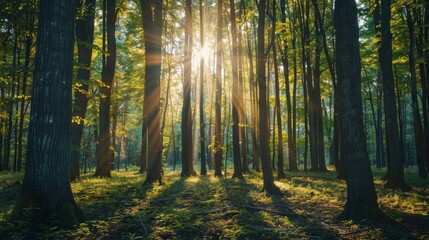 Fototapeta premium Sunlit Forest with Tall Trees