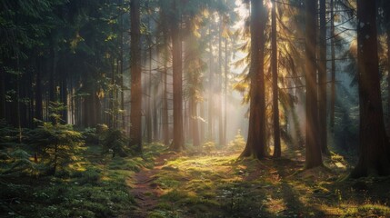 Naklejka premium Sunlit Forest with Tall Trees