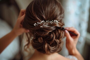 Fototapeta premium A woman with long brown hair is getting her hair done by a stylist. The stylist is using a comb to style the woman's hair, and there are pearls in the hair. The woman is wearing a white dress