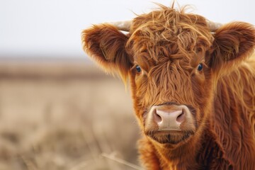 A cow with a blue eye stares at the camera. The cow is brown and has a white nose