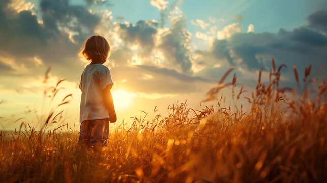 Little boy looking at the sunset standing in a wheat field