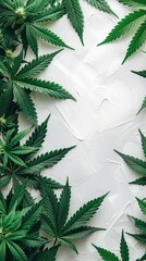 Cannabis Leaves and Flowers Border, Natural Organic Green Hemp Leaf, THC Marketing CBD Advertising Medicinal Herbs Isolated White Background, Plant Garden Backdrop Copy Space for Text