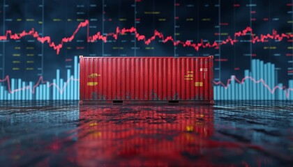 A red shipping container is featured with dramatic stock market graphs in the background, symbolizing the economic climate