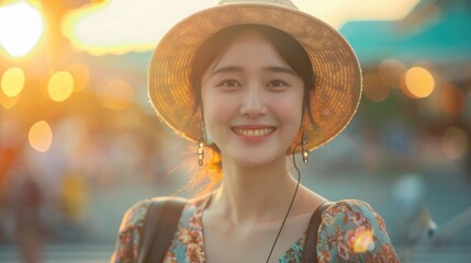 Obraz premium Glamorous Woman in Fashionable Summer Outfit with Suitcase