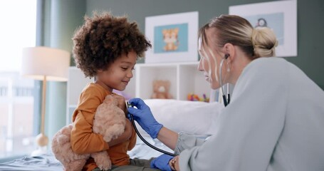 Doctor, child and stethoscope with listening in hospital for examination, cardiology or consultation for health. Pediatrician, boy and medical expert with teddy bear for lung assessment and breathing