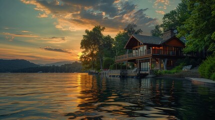 Fototapeta premium Luxury Lakefront House at Sunset