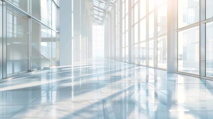 Obraz premium Sunlit, modern hallway with large glass windows and reflective floors