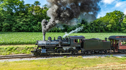 Obraz premium A Black Steam Locomotive Numbered 89, Puffing Thick Smoke, Travels Along Railroad Tracks Through Verdant Green Fields With A Dense Forest In The Background Under A Clear Blue Sky.