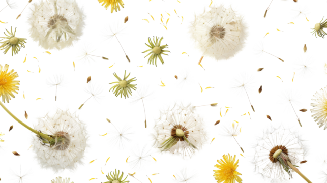 Dandelions and dandelion seeds on white background