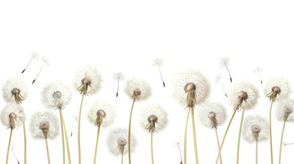 Dandelions and dandelion seeds on white background