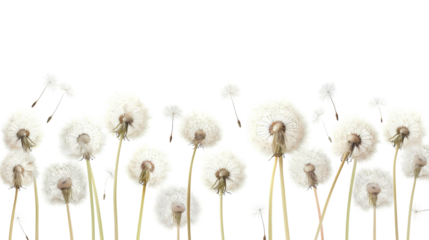 Dandelions and dandelion seeds on white background