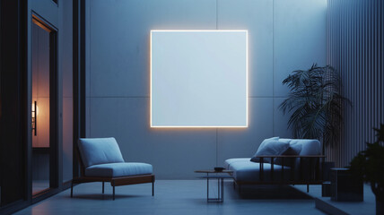 Empty Neon Lit Frame for Artwork Placement, In Empty Brutalism Living Room