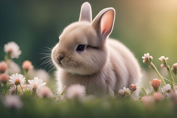 A sweet image of a baby rabbit sitting on a patch of flowers, with a softly blurred background that creates a large, open area for copy or design.