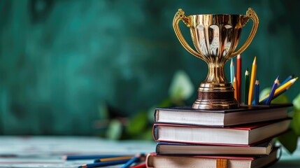 Academic Triumph A gleaming golden trophy sits atop a stack of books, adorned with pencils, celebrating the achievements of academic success