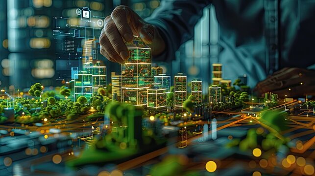 AIs Influence A detailed close-up of an engineer analyzing AI-driven sustainability metrics, highlighting the intersection of technology and sustainable urban planning