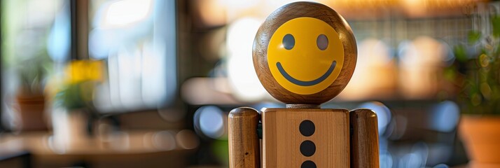 Fototapeta premium Concept face of a happy person. Wooden mannequin with a sticker on his face with the image of happiness or a smile.