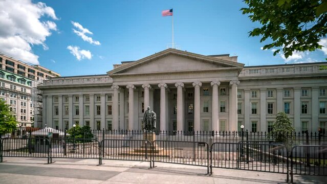 Wide Angle Day time lapse of the Treasury Building in a Sunny day