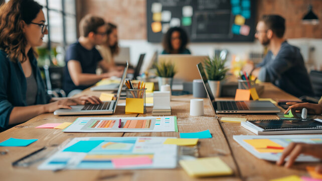 A Table of Meeting Room in Modern office meeting with People Working on Their Laptop, Sticky Notes and Papers on the Table