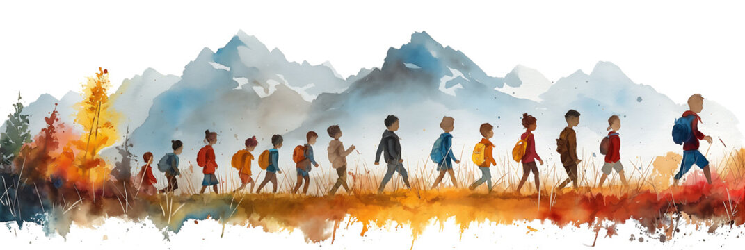 watercolor illustration of children hiking in the mountains
