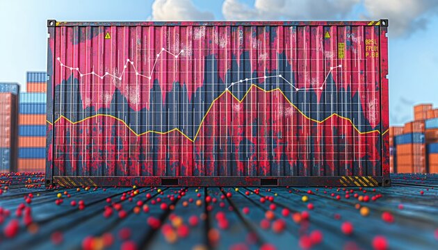 Vibrant shipping container displaying economic graphs and stock market data against a backdrop of cargo containers