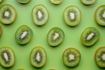 Healthy nutrition concept. Fresh cut slices of kiwi fruit isolated on willow green background. Arty...