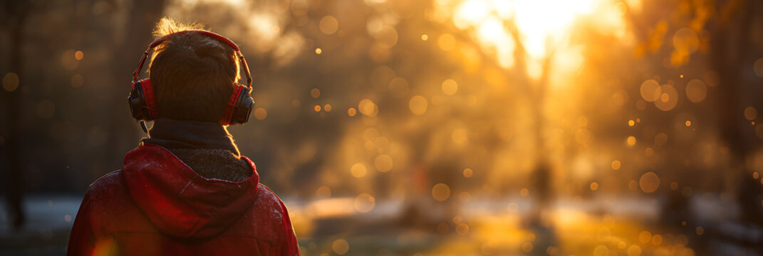 teenager with his back to the camera, listening to music through headphones, looking towards the sun, which illuminates some trees