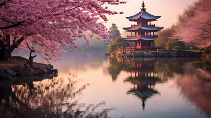 Obraz premium Tranquil Cherry Blossom Pagoda Landscape