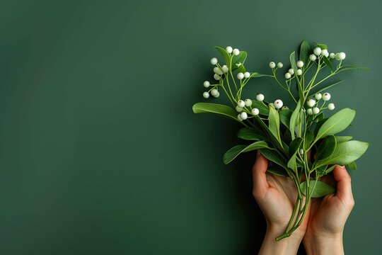 hand holding a mistletoe bunch on green background
