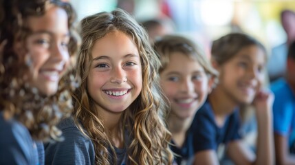 Fototapeta premium group of students warmly welcoming a new classmate to their group, smiling and inviting them to join in a lively and inclusive school environment