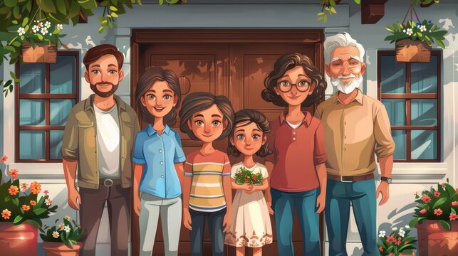happy family standing at the entrance of their home, warmly welcoming relatives for a family reunion, with a cozy and inviting home atmosphere