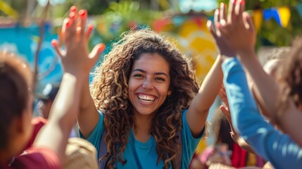 a group of volunteers celebrating the completion of a community project, with high-fives and smiles, in a vibrant outdoor setting, capturing the spirit of teamwork and accomplishment