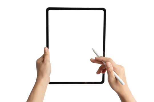 A person holding a tablet and a pen