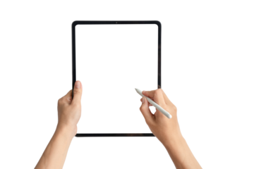A person is holding a tablet and a pen, writing on a blank screen
