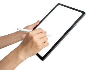 A person is writing on a tablet with a white background