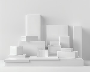 White packaging boxes of various sizes on luxurious display stand, white background, aura of beauty and sophistication
