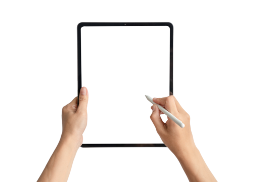A person is holding a tablet and a pen, writing on a blank screen